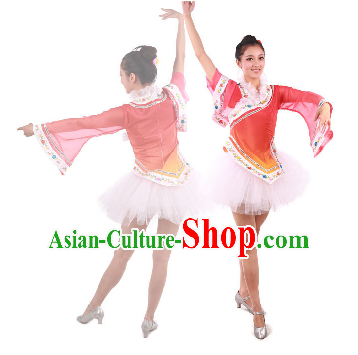 Chinese Teenagers Folk Fan Dance Costume and Headpiece for Competition