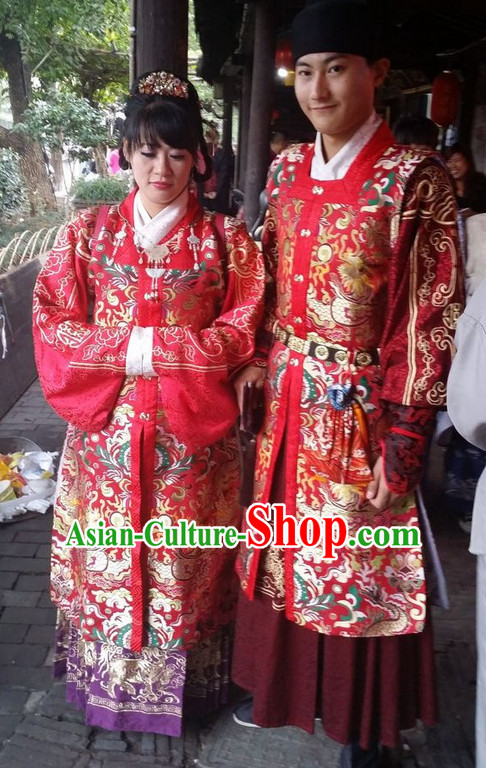 Ancient Chinese Ming Dynasty Wedding Dresses Clothes and Headwear Complete Set for Men and Women