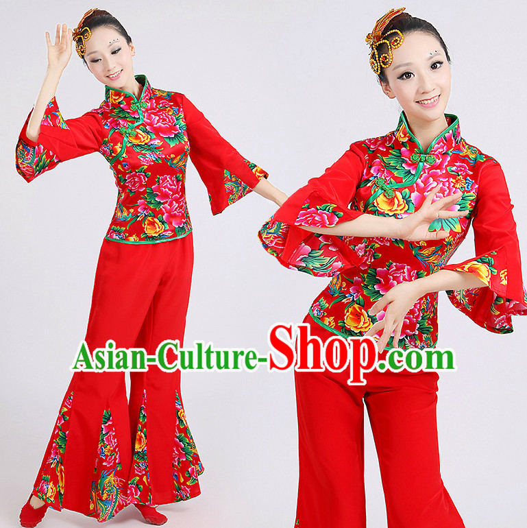 Chinese Red Folk Dance Costumes Group Dancing Costume Dancewear China Dress Dance Wear and Head Pieces Complete Set