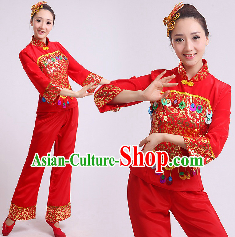 Chinese Stage Performance Dance Costumes Group Dancing Costume Dancewear China Dress Dance Wear and Head Pieces Complete Set