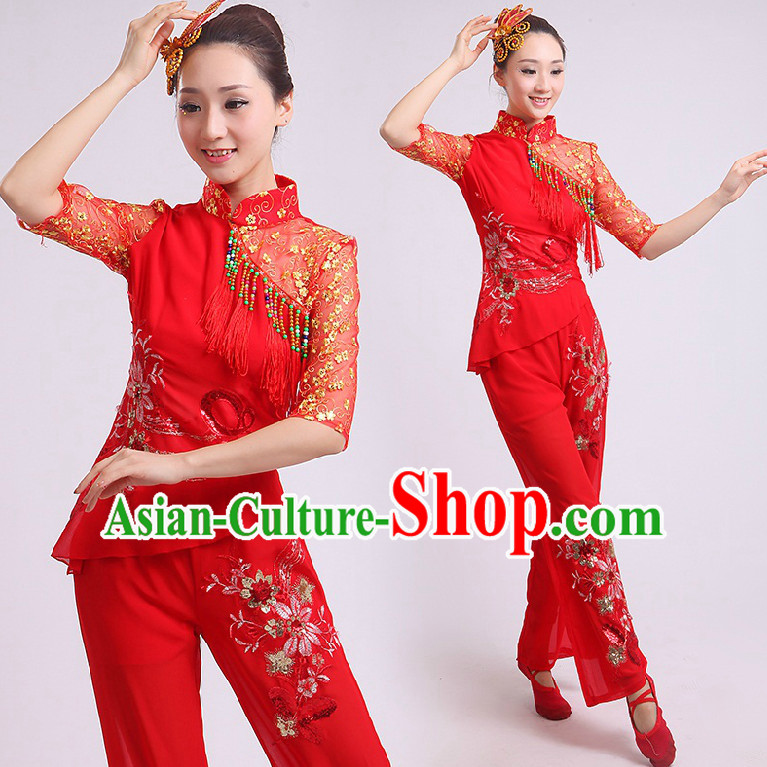 Chinese Fan Dance Costumes Team Dancing Costume Dancewear China Dress Dance Wear and Head Pieces Complete Set
