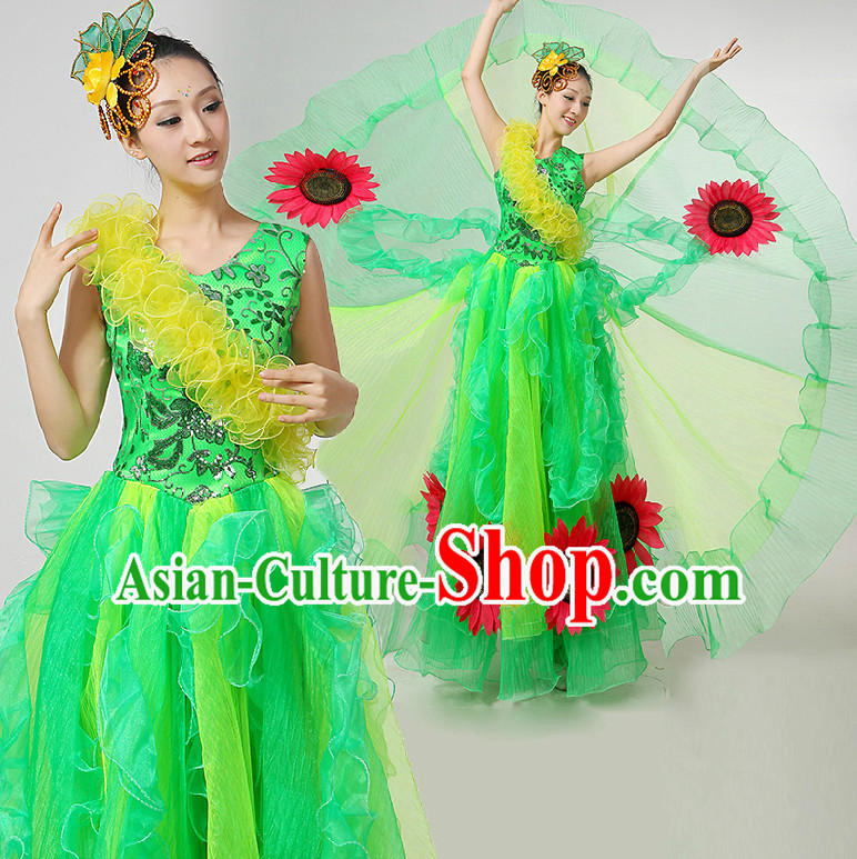 Chinese Festival Celebration Dance Costumes Ribbon Dancing Costume Dancewear China Dress Dance Wear and Hair Accessories Complete Set