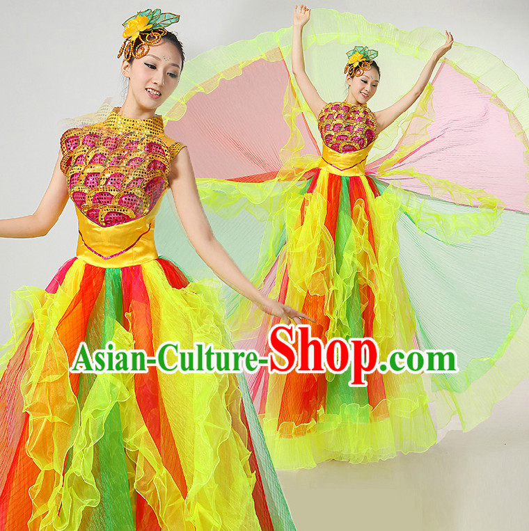 Chinese Festival Celebration Dance Costumes Ribbon Dancing Costume Dancewear China Dress Dance Wear and Hair Accessories Complete Set