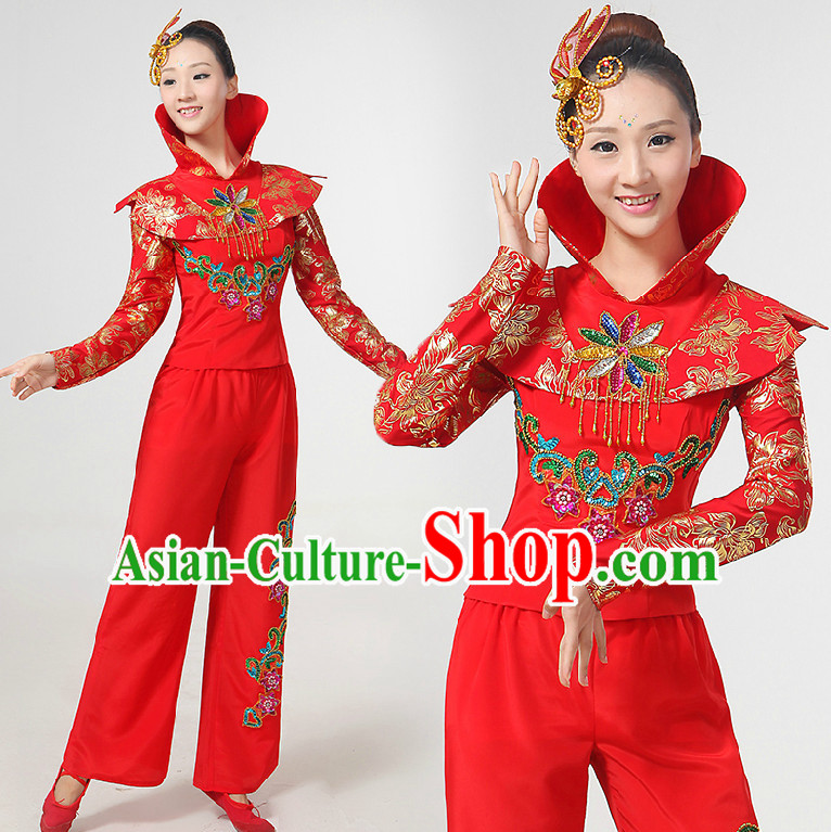 High Collar Chinese Festival Dance Costumes Ribbon Dancing Costume Dancewear China Dress Dance Wear and Hair Accessories Complete Set