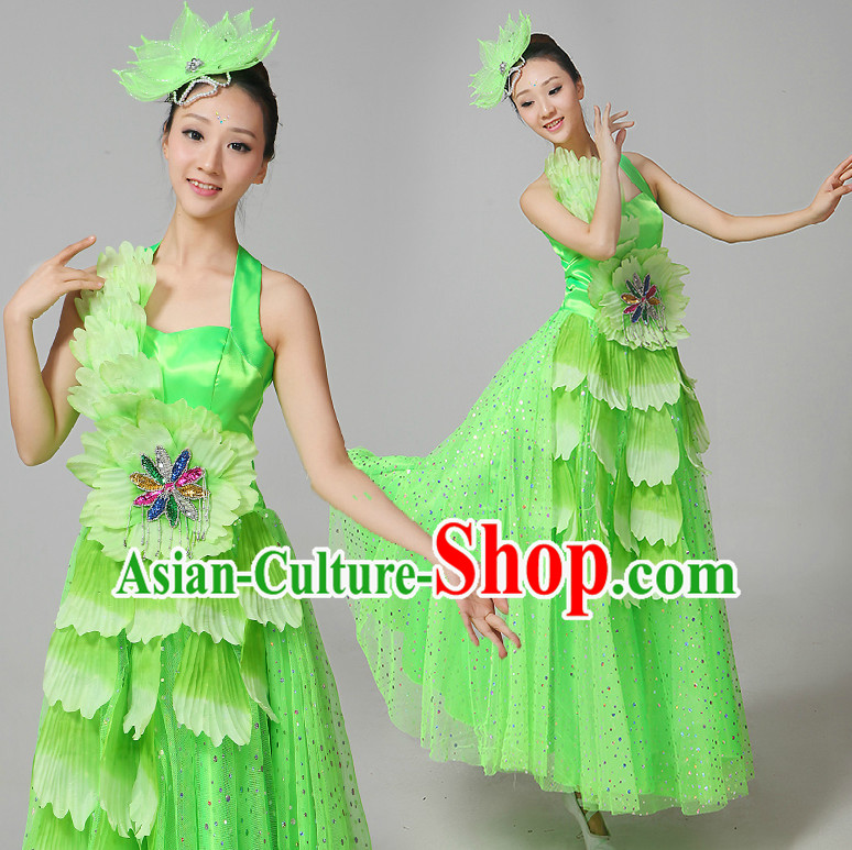 Chinese Flower Dance Costumes Ribbon Dancing Costume Dancewear China Dress Dance Wear and Hair Accessories Complete Set