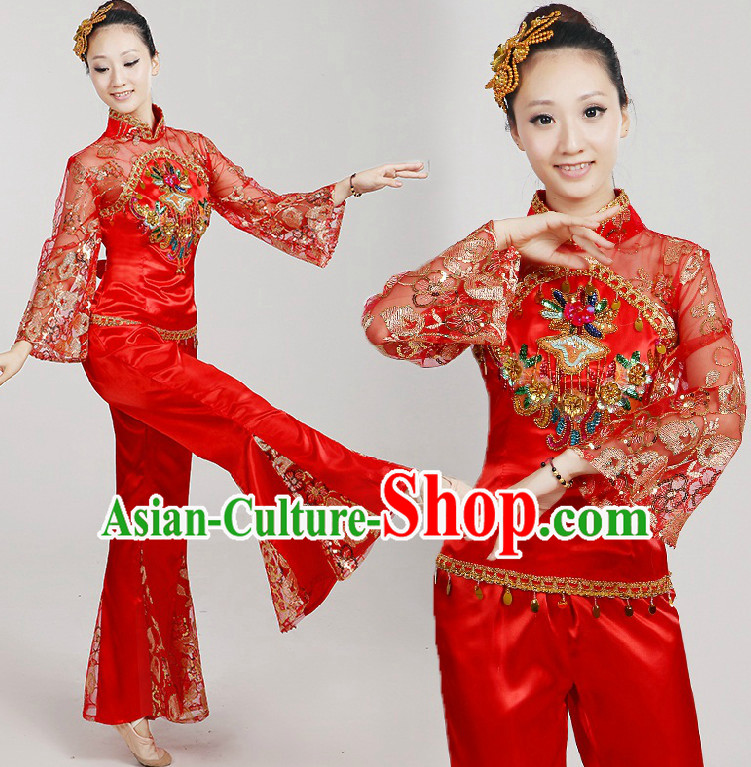Chinese Dance Costumes Ribbon Dancing Costume Dancewear China Dress Dance Wear and Hair Accessories Complete Set