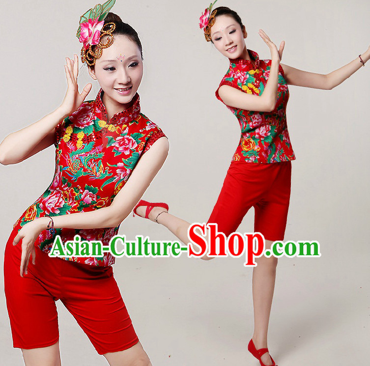 Chinese Dance Costumes Ribbon Dancing Costume Dancewear China Dress Dance Wear and Hair Accessories Complete Set