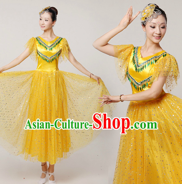 Asian Dance Costumes Ribbon Dancing Costume Dancewear China Dress Dance Wear and Headwear Complete Set