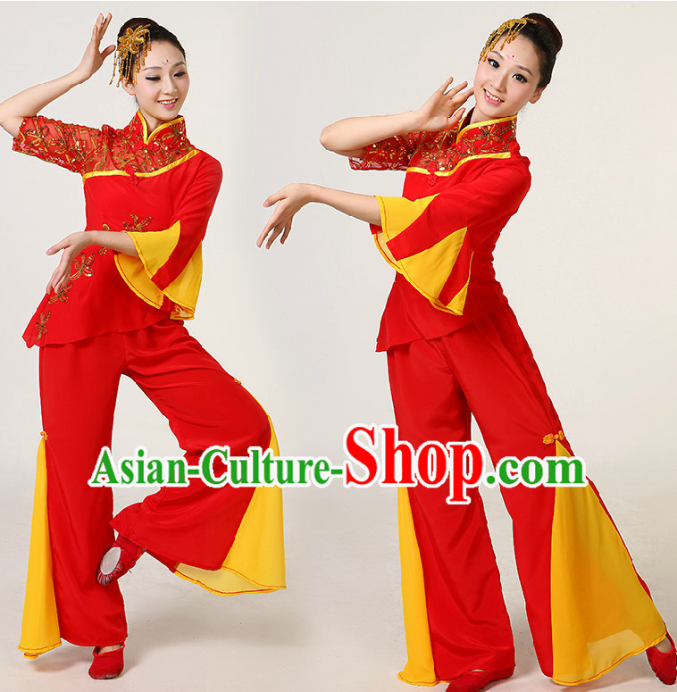 Chinese Dance Costumes Competition Costumes Dancewear China Dress Dance Wear and Headpieces Complete Set