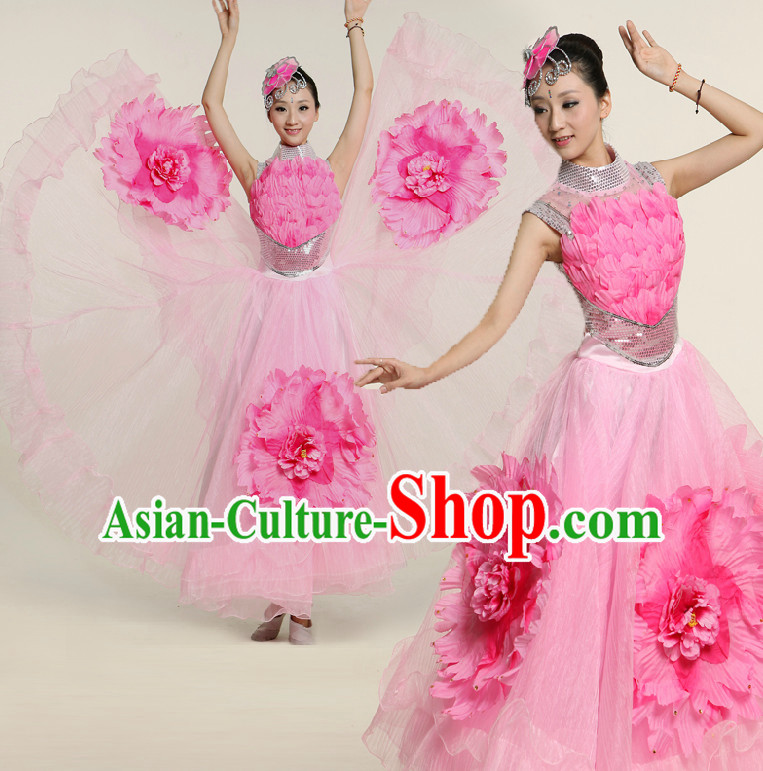 Asian Pink Flower Dance Costume Competition Costumes Dancewear China Dress Dance Wear and Headpieces Complete Set