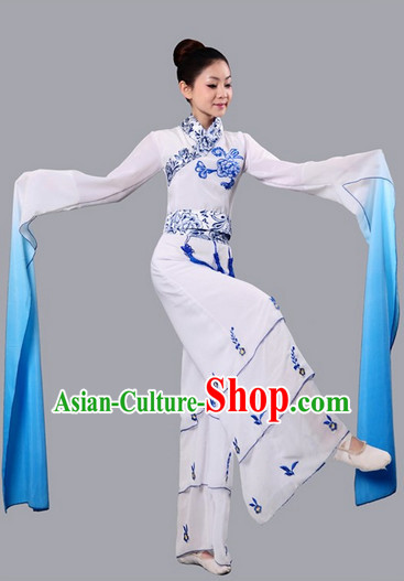Chinese Water Sleeves Dance Competition Dance Costume Group Dancing Costumes and Headwear Complete Set for Women