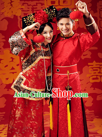 Traditional Chinese Qing Dynasty Wedding Celebration Outfits for Men and Women