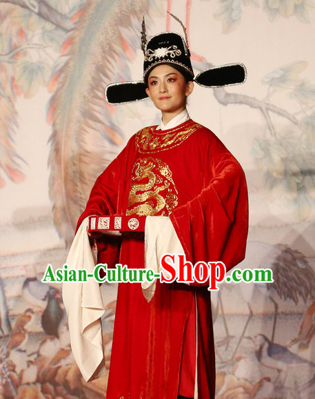 Red Chinese Opera Stage Performance Official Costumes and Hat Complete Set