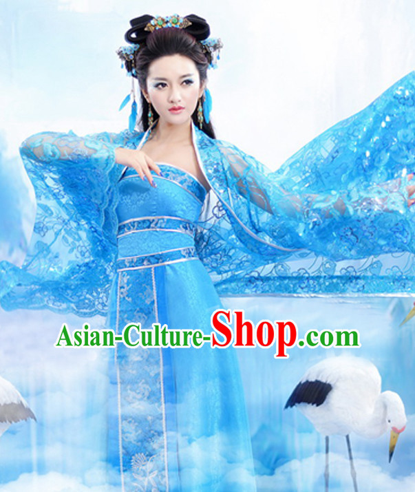Blue Chinese Classic  Sexy Costume and Hair Jewelry Complete Set for Women
