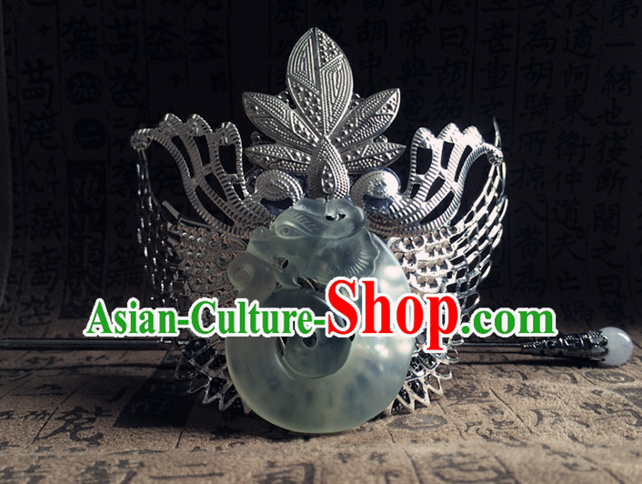 Silver Ancient Chinese Poet  Handmade Jade Headwear Head Pieces Coronet Crown for Men