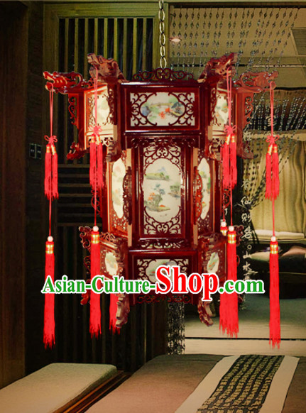 Chinese Antique Style Ancient Handmade Hexangular Natural Wood Hanging Palace Lantern