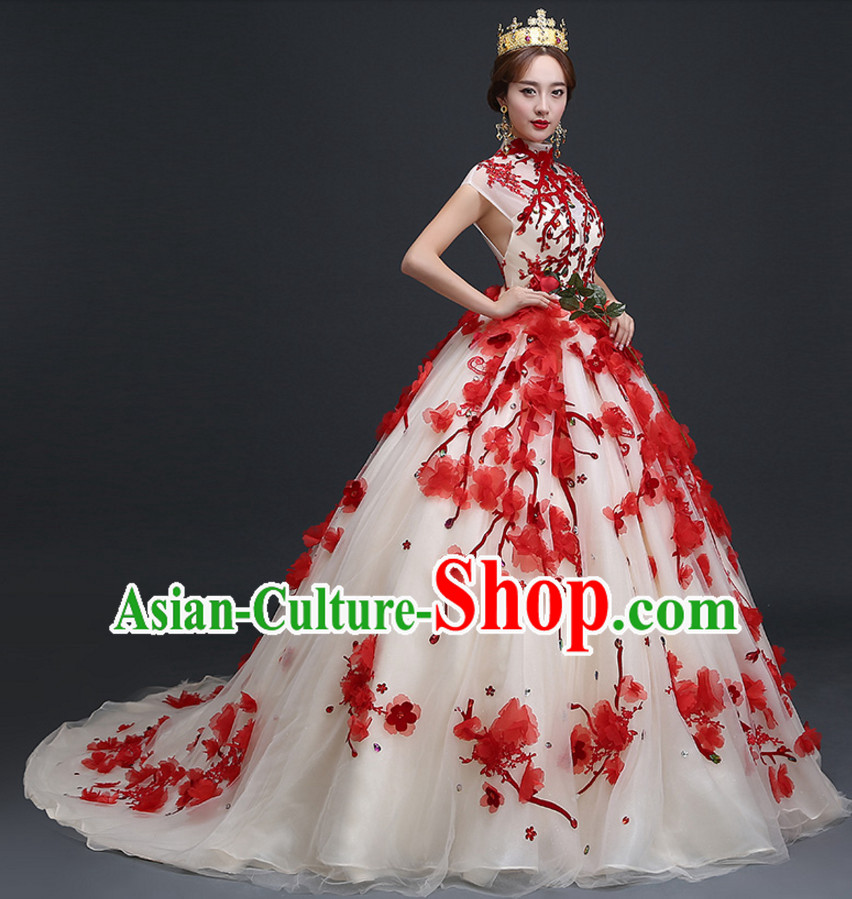 Top Chinese Floral Wedding Dress and Headwear Complete Set