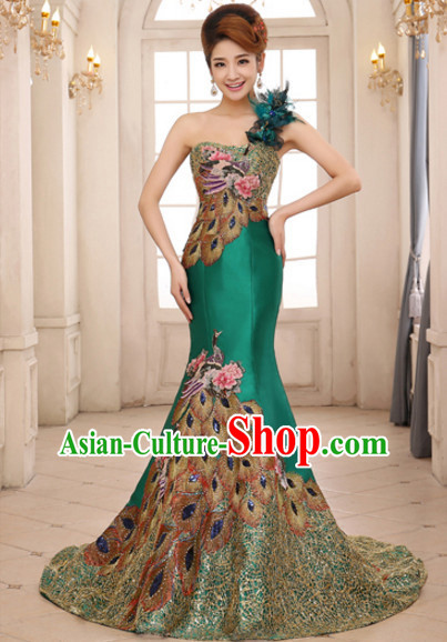 Top Chinese Green Long Tail Wedding Dress Evening Dress and Hair Jewelry Complete Set