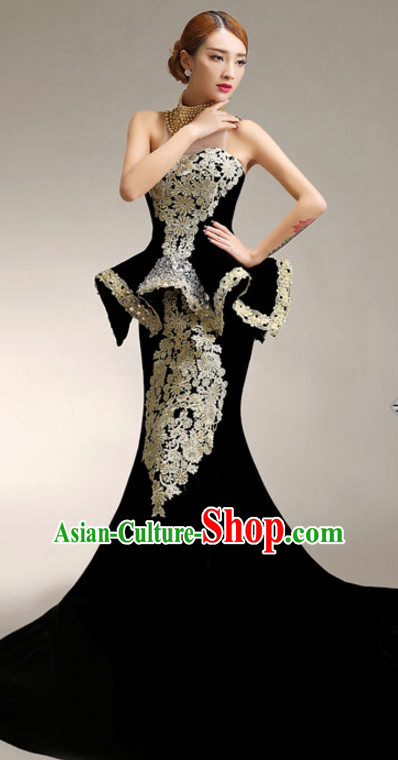 Top Chinese Black Long Tail Evening Dress Complete Set