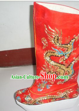 Ancient Chinese Handmade Red Emperor Dragon Embroidery Boots Shoes