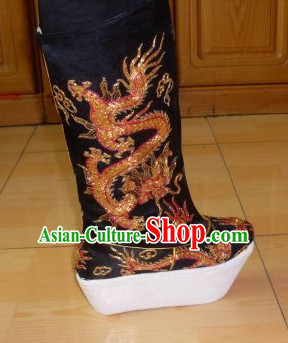 Ancient Chinese Handmade Black Emperor Dragon Embroidery Boots Shoes