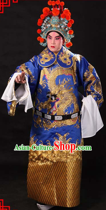 Blue Ancient Chinese Embroidered Dragon Opera Clothing and Helmet Complete Set for Men