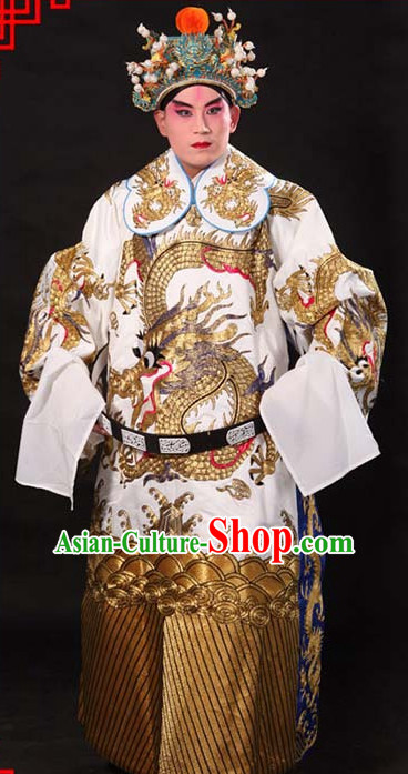 Whtie Ancient Chinese Embroidered Dragon Opera Clothing and Helmet Complete Set for Men