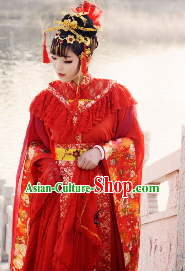 Ancient Chinese Princess Wedding Dresses and Hair Jewelry Complete Set for Women