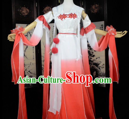 Red and White Traditional Chinese Classical Hanfu Clothes Complete Set with Long Tail