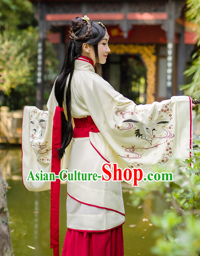 Chinese Ancient Hanfu Dress Crane Embroidery and Headpieces Complete Set for Women