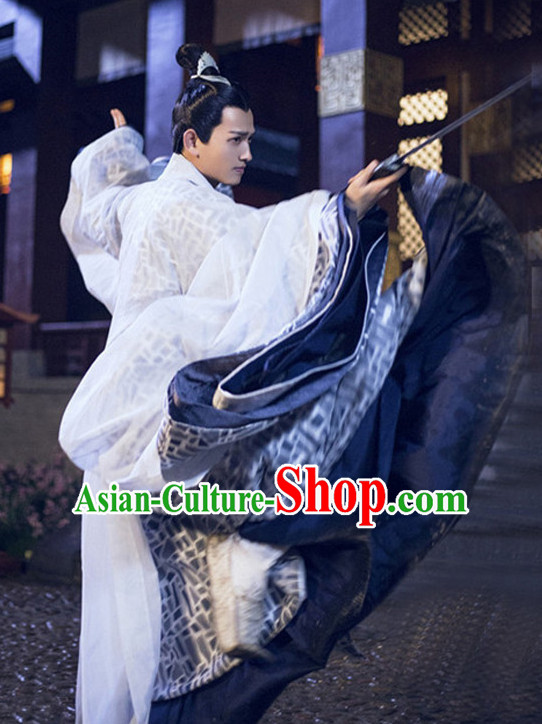 Ancient Chinese Swordsman Garment Costumes Garment Clothing and Coronet Headpieces Complete Set