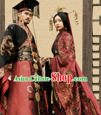 Chinese Ancient Han Dynasty Empress and Emperor Stage Costumes and Hair Accessories Complete Set