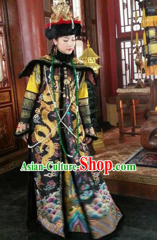 Qing Dynasty Imperial Empress Stage Costumes and Hat Complete Set