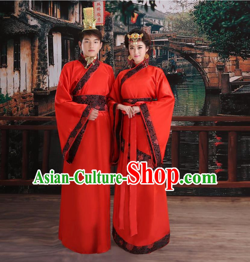 Ancient Chinese Palace Empress King Red Costumes Complete Set, Han Dynasty Ancient Palace Wedding, Empress And Emperor Hanfu Dress Suits