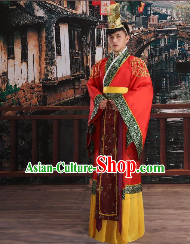 Ancient Chinese Palace Emperor Costumes Complete Set, Han Dynasty Ancient Palace Majesty Wedding Clothing, Imperial King Robe Suits for Men