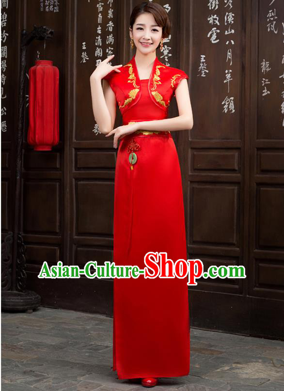 Ancient Chinese Costumes, Manchu Clothing Qipao, Improved Long Silk Cheongsam, Traditional Red Cheongsam Wedding Toast Dress for Bride