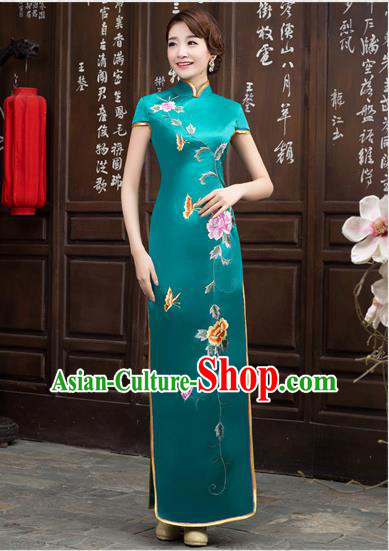 Ancient Chinese Costumes, Manchu Clothing Qipao, Retro Silk Long Embroidered Cheongsam, Traditional Red Fish Tail Cheongsam Wedding Toast Dress for Bride