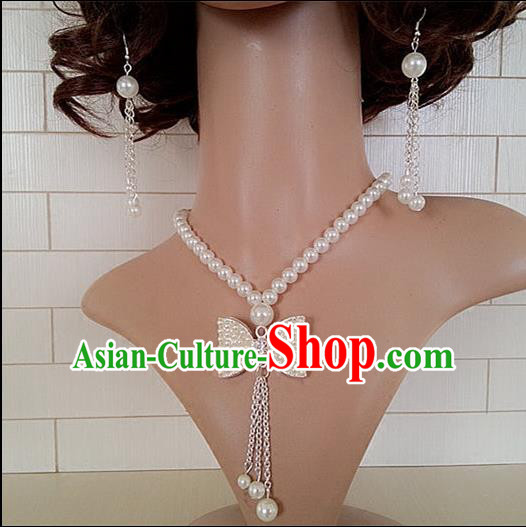 Chinese Wedding Jewelry Accessories, Traditional Bride Nceklace, Princess Wedding Necklet, Imperial Bridal Baroco Style Wedding Pearl Bowknot Collar, Collarbone Chain