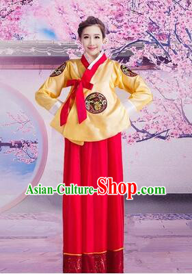 Korean Traditional Dress Women Girl Dancing Stage Ceremonial Dress Yellow Top Red Skirt