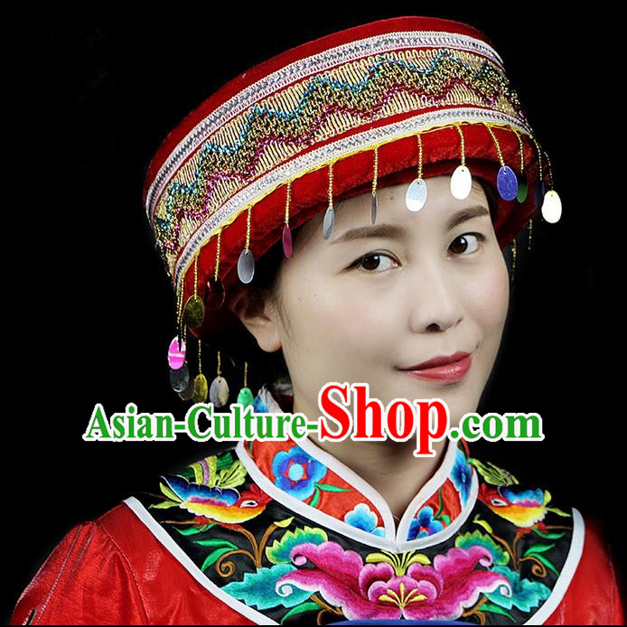 Chinese Traditional Miao Minority Hmong Folk Ethnic Hat, Embroidery Bell Hat for Women