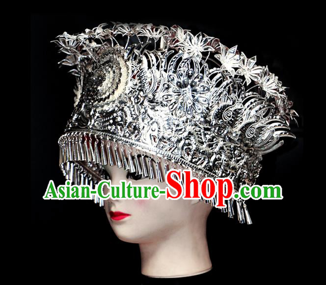 Chinese Traditional Miao Minority Hmong Folk Ethnic Hat, Miao Minority Sliver Crown Jewelry Accessories, Miao Headgear for Women