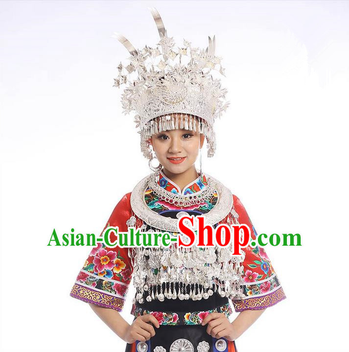 Chinese Traditional Miao Minority Hmong Folk Ethnic Necklace, Phoenix Silver Headwear Crown, Miao Jewelry Accessories Set for Women
