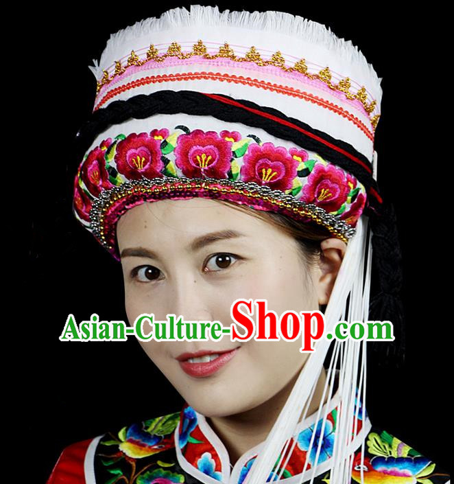 Chinese Traditional Bai Minority Hmong Folk Ethnic Hat, Bai Ethnic Embroidery Hat for Women