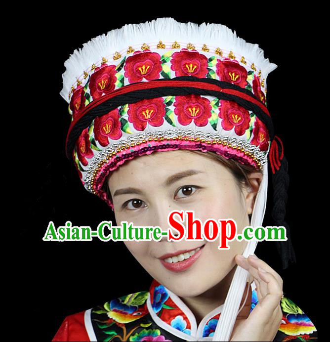 Chinese Traditional Bai Minority Hmong Folk Ethnic Hat, Bai Ethnic Embroidery Flowers Hat for Women