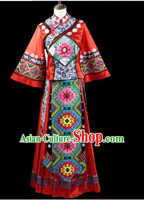 Traditional Chinese Miao Nationality Dancing Costume, Female Folk Dance Ethnic Pleated Skirt, Chinese Minority Nationality Embroidery Costume for Women