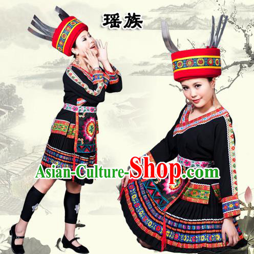 Traditional Chinese Yao Nationality Dancing Costume, Yaozu Female Folk Dance Ethnic Pleated Skirt, Chinese Yao Minority Nationality Embroidery Costume for Women