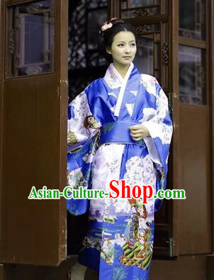 Japanese Traditional Costumes Kimono Tomesode Stage Show Wafuku Aristolochia ringens Tomesode Full Dress Blue