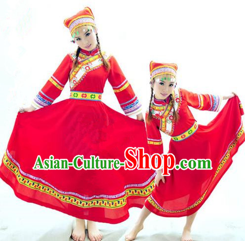 Traditional Chinese Qiang Nationality Dancing Costume, Qiangzu Female Folk Dance Ethnic Pleated Skirt, Chinese Qiang Minority Nationality Embroidery Costume for Women
