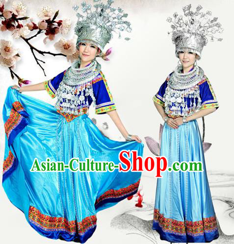 Traditional Chinese Miao Nationality Dancing Costume Accessories Necklace, Hmong Female Folk Dance Ethnic Pleated Skirt and Sliver Headwear, Chinese Minority Nationality Embroidery Costume and Hat for Women