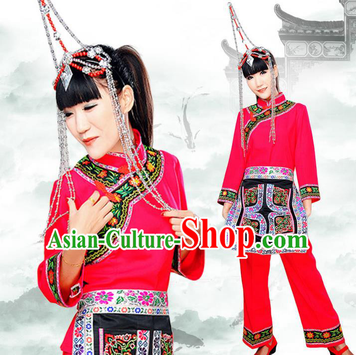 Traditional Chinese She Nationality Dancing Costume, Shezu Female Folk Dance Ethnic Dress, Chinese She Minority Nationality Embroidery Costume for Women